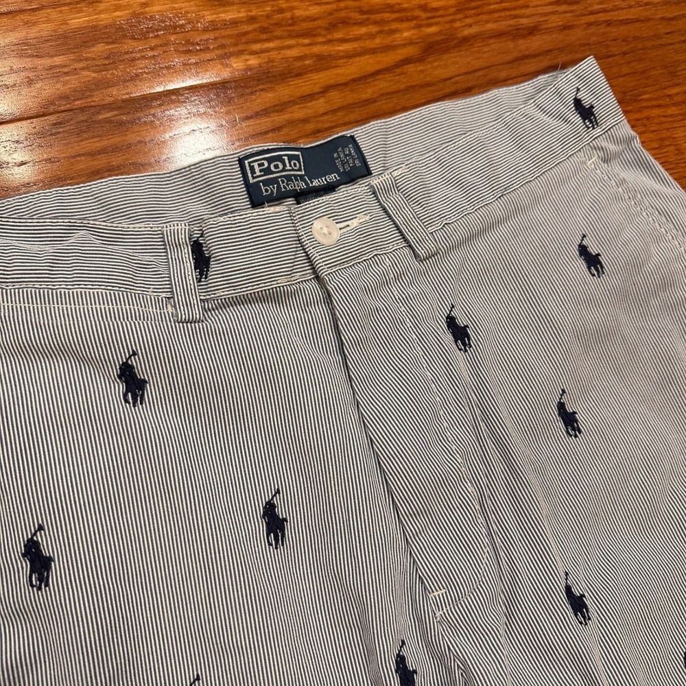 Polo Ralph Prospect Shorts Mens 30 Pony All Over Print Hickory Stripe Blue White